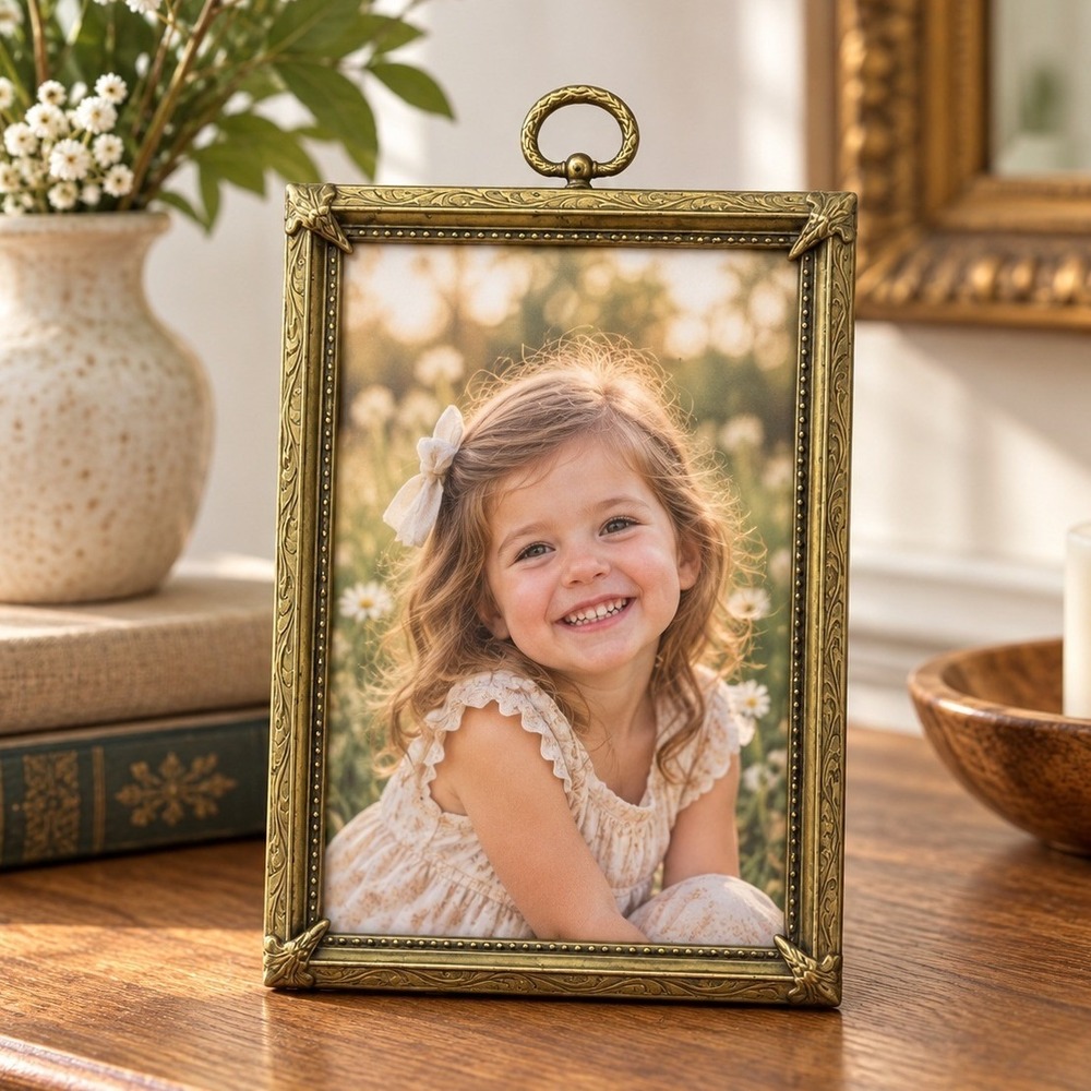 Vintage Brass Tone Picture Frame 5x7 Ornate Floral Embossed Gold Tabletop